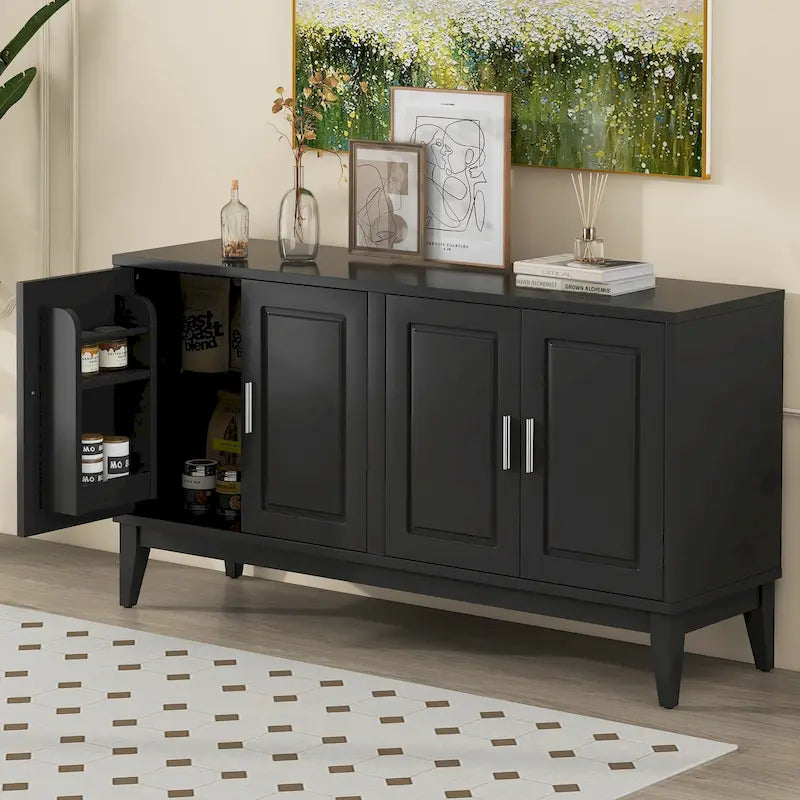 Credenza con 4 Ante, Bianca / Nera, Ripiani Regolabili