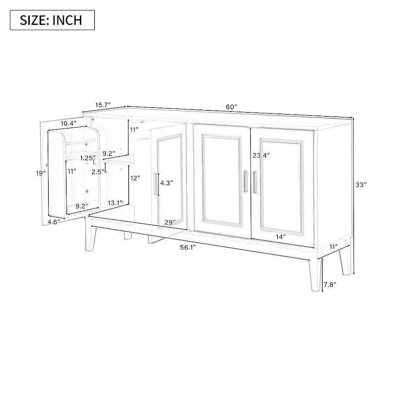 Credenza con 4 Ante, Bianca / Nera, Ripiani Regolabili
