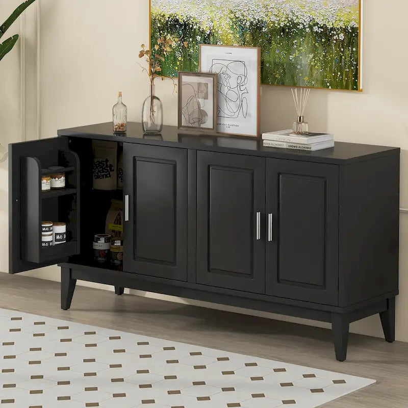 Credenza con 4 Ante, Bianca / Nera, Ripiani Regolabili