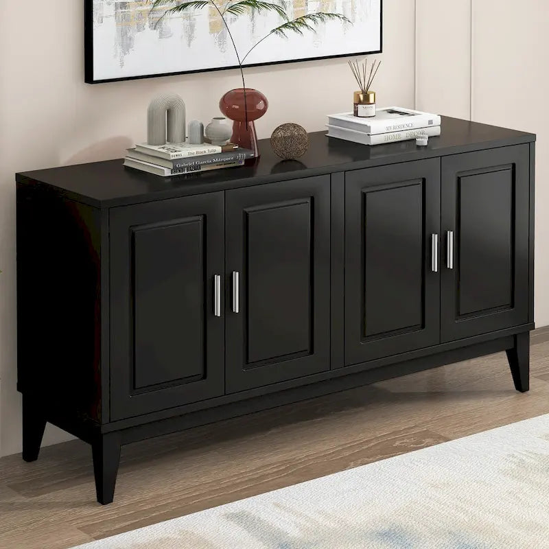Credenza con 4 Ante, Bianca / Nera, Ripiani Regolabili