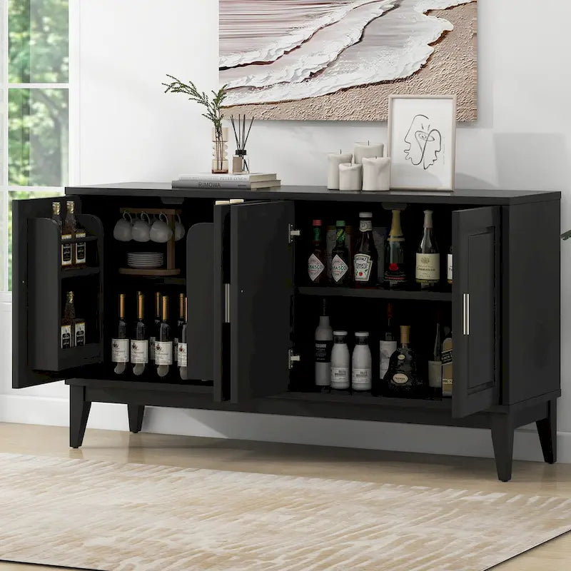 Credenza con 4 Ante, Bianca / Nera, Ripiani Regolabili