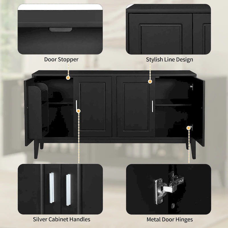 Credenza con 4 Ante, Bianca / Nera, Ripiani Regolabili
