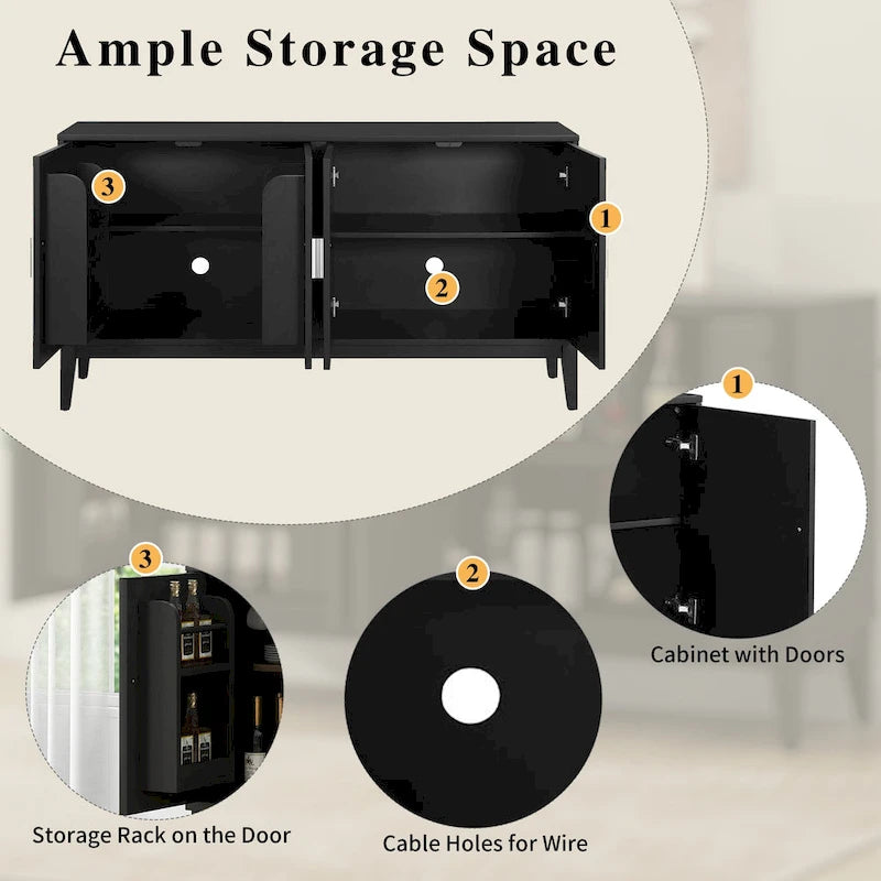 Credenza con 4 Ante, Bianca / Nera, Ripiani Regolabili