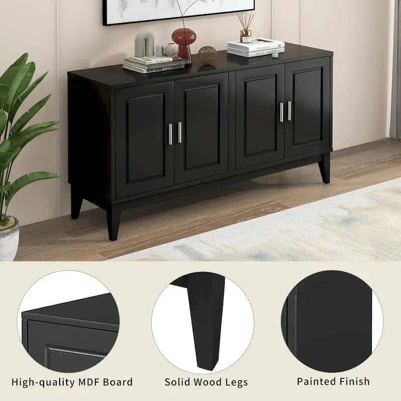 Credenza con 4 Ante, Bianca / Nera, Ripiani Regolabili
