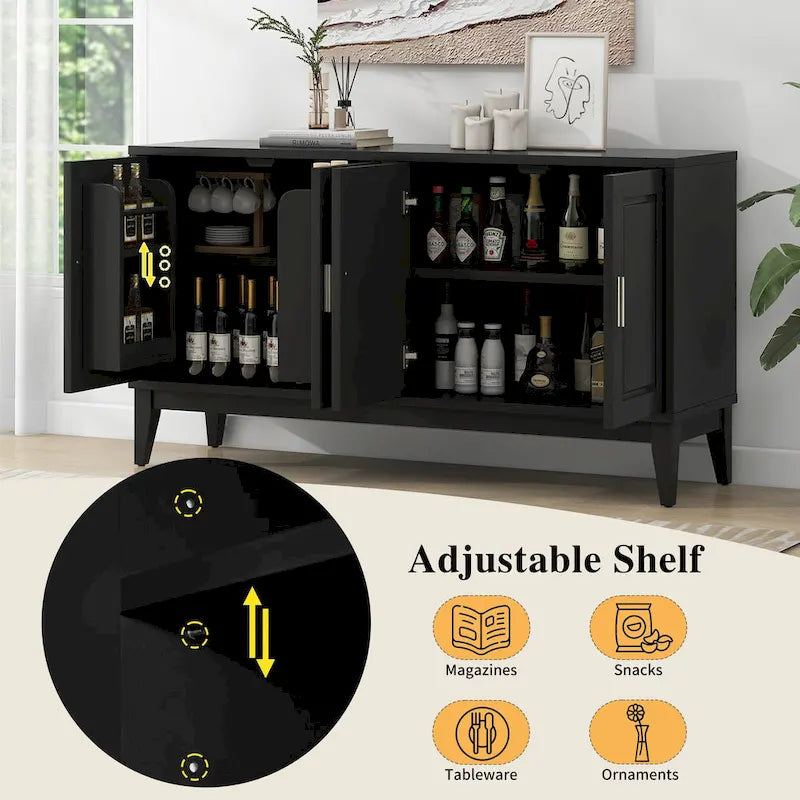 Credenza con 4 Ante, Bianca / Nera, Ripiani Regolabili