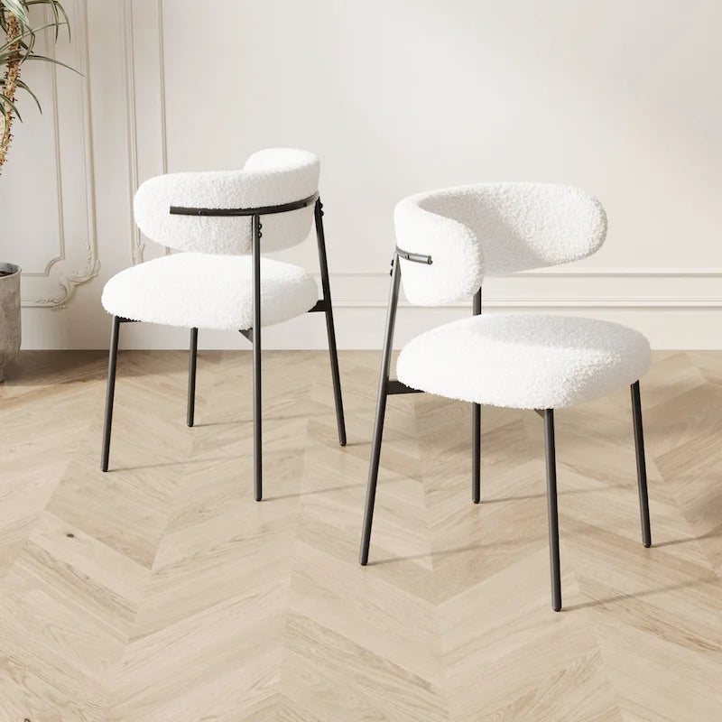 Sedia da pranzo in velluto Teddy bianco con gambe in metallo nero, set da 2