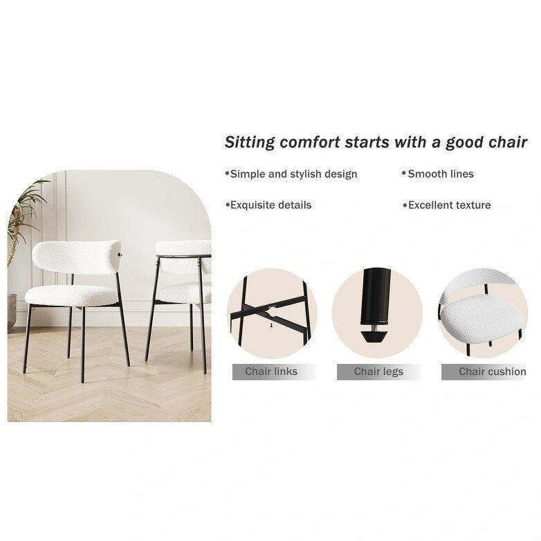Sedia da pranzo in velluto Teddy bianco con gambe in metallo nero, set da 2