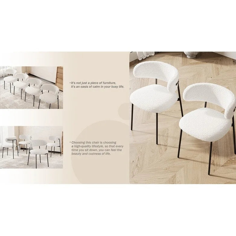 Sedia da pranzo in velluto Teddy bianco con gambe in metallo nero, set da 2