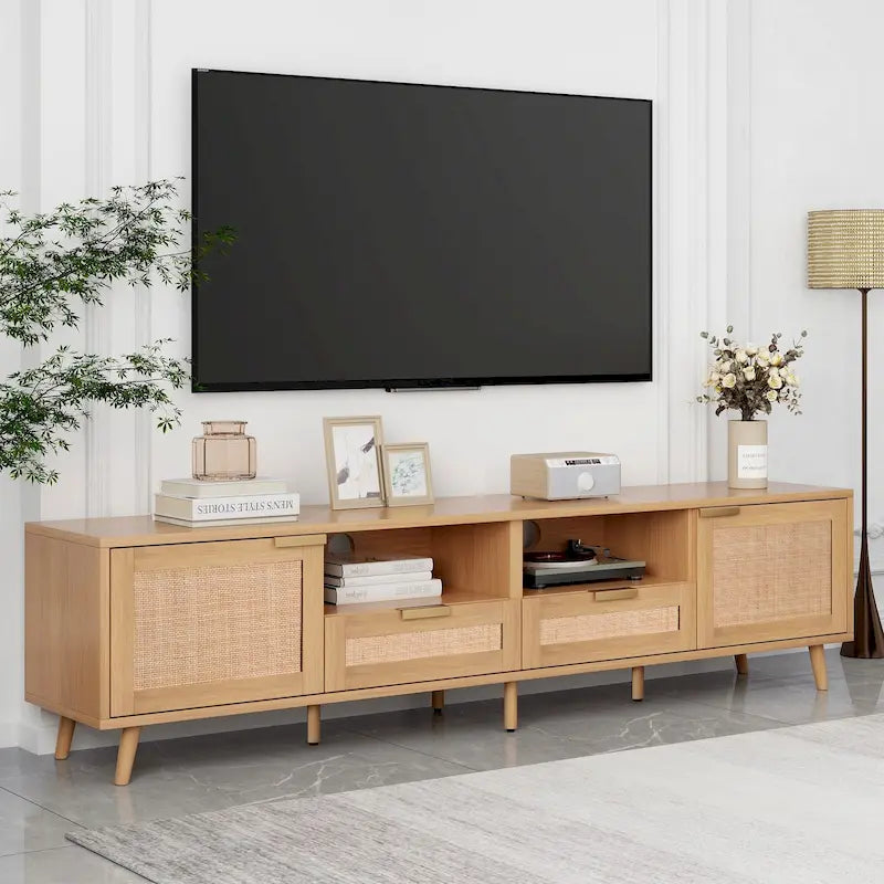 Mobile porta TV in legno e rattan, stile rustico, per TV fino a 85"