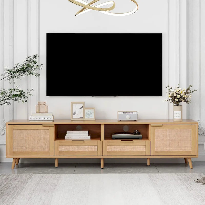 Mobile porta TV in legno e rattan, stile rustico, per TV fino a 85"
