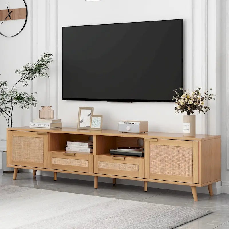 Mobile porta TV in legno e rattan, stile rustico, per TV fino a 85"