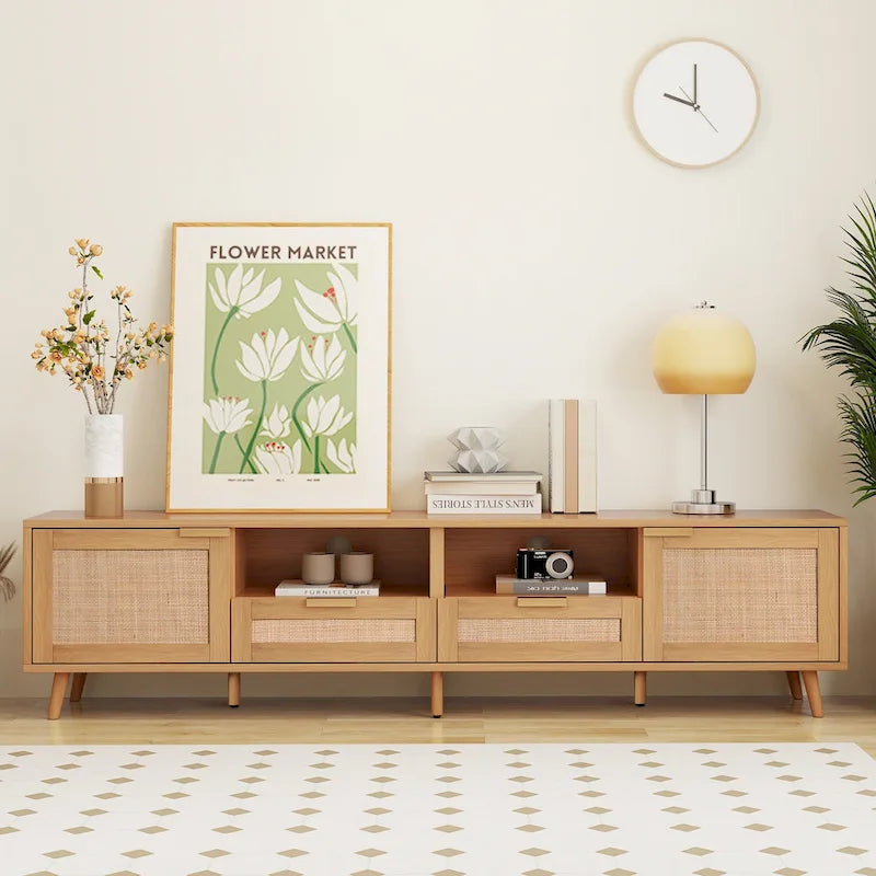 Mobile porta TV in legno e rattan, stile rustico, per TV fino a 85"