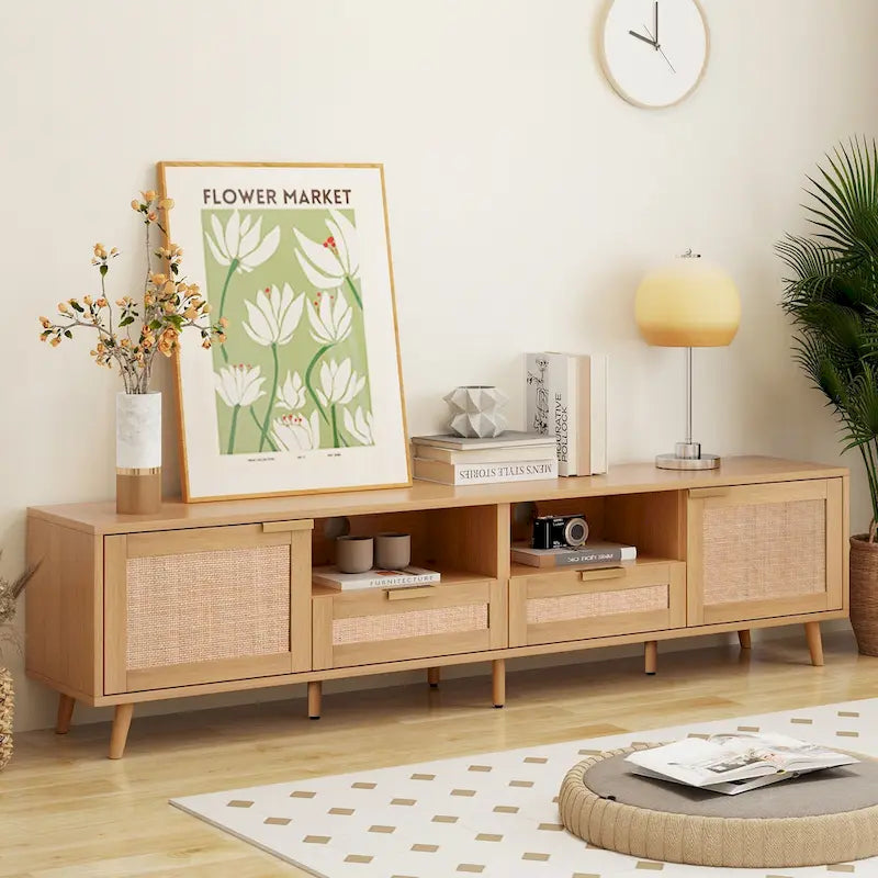 Mobile porta TV in legno e rattan, stile rustico, per TV fino a 85"