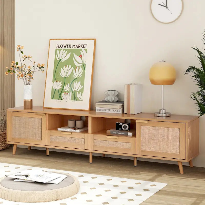 Mobile porta TV in legno e rattan, stile rustico, per TV fino a 85"