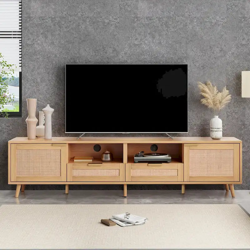 Mobile porta TV in legno e rattan, stile rustico, per TV fino a 85"
