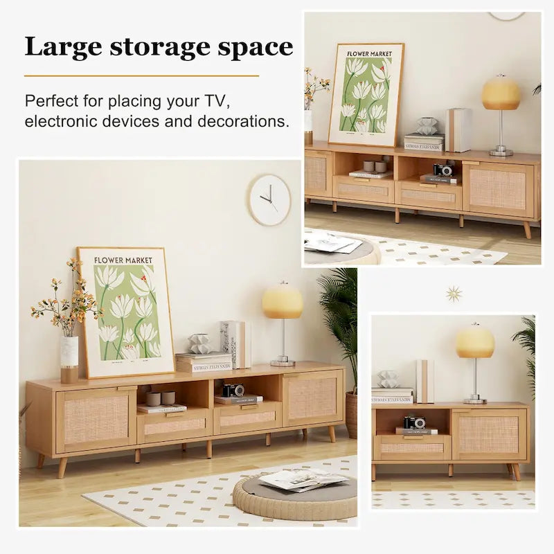 Mobile porta TV in legno e rattan, stile rustico, per TV fino a 85"