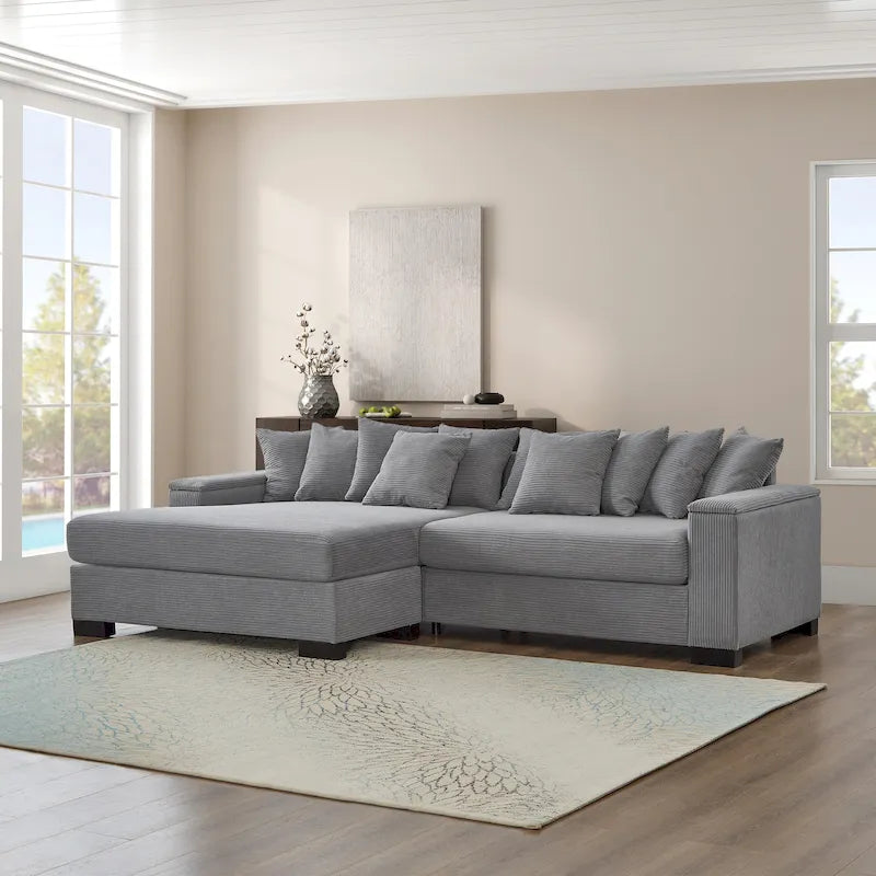 Divano componibile a L in velluto a coste con chaise longue reversibile — Grigio / Beige / Marrone rossiccio / Verde