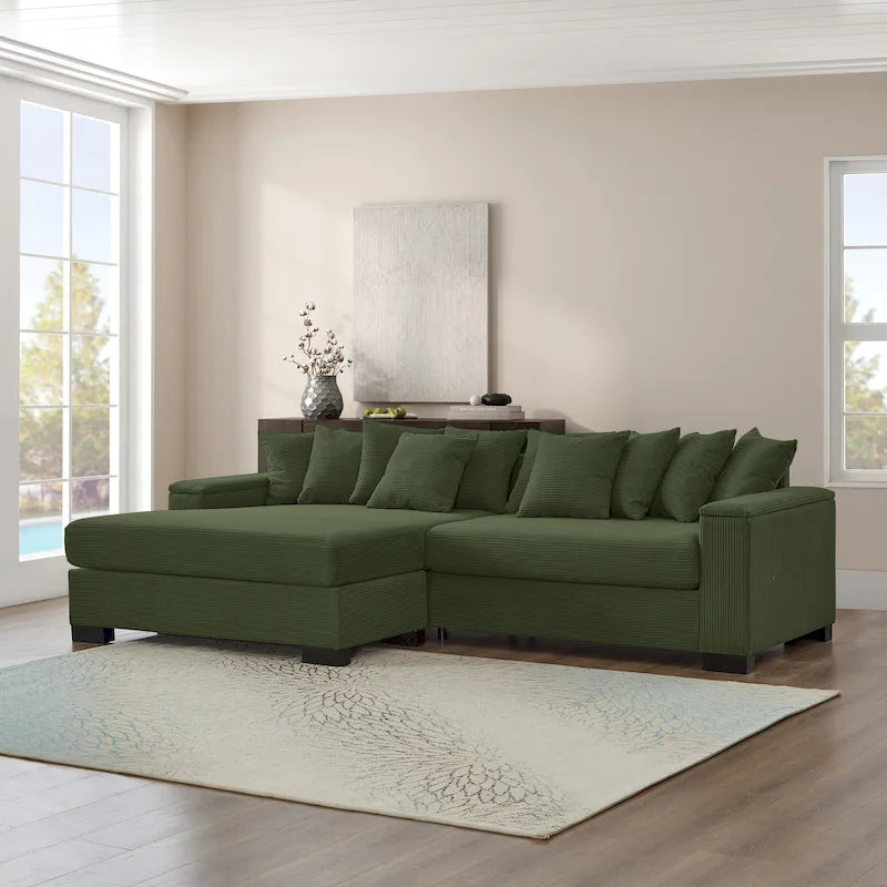 Divano componibile a L in velluto a coste con chaise longue reversibile — Grigio / Beige / Marrone rossiccio / Verde