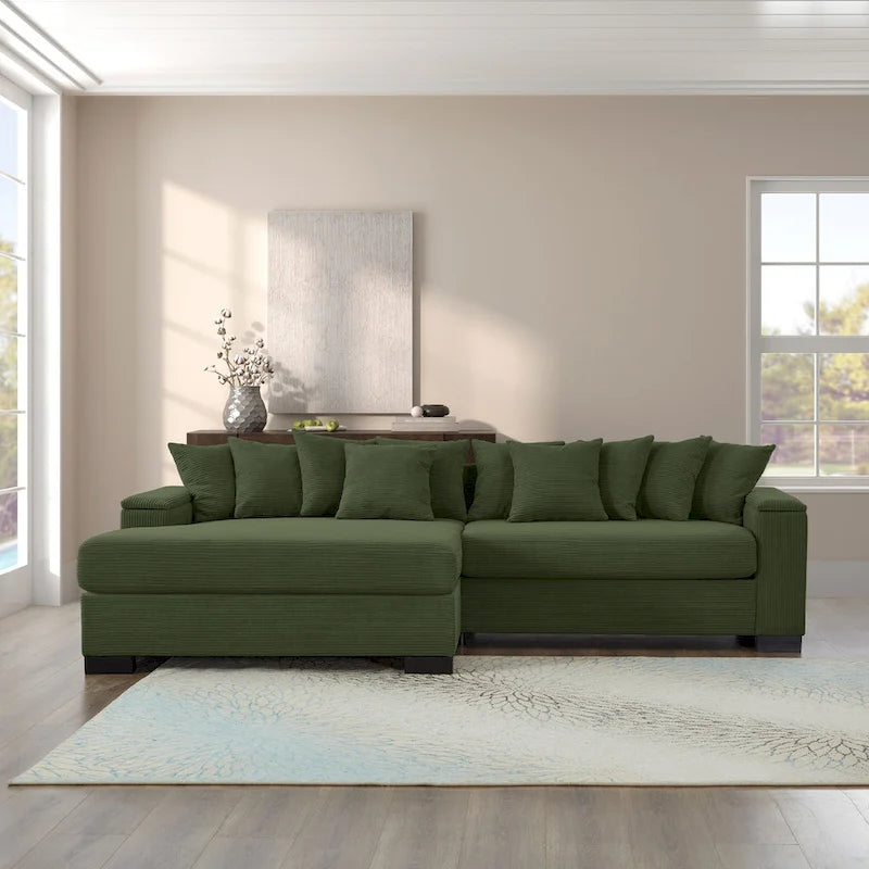 Divano componibile a L in velluto a coste con chaise longue reversibile — Grigio / Beige / Marrone rossiccio / Verde
