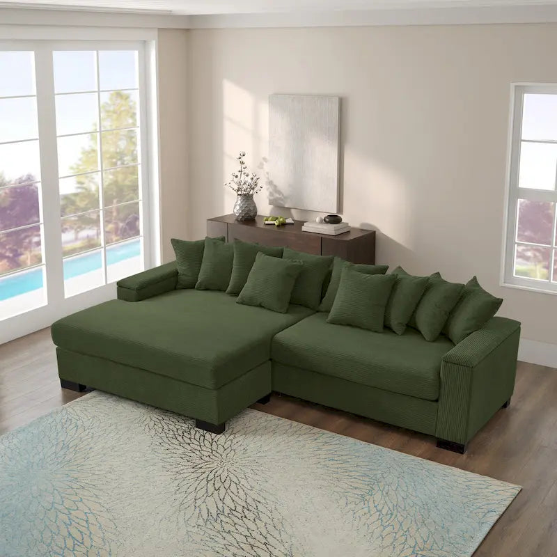 Divano componibile a L in velluto a coste con chaise longue reversibile — Grigio / Beige / Marrone rossiccio / Verde