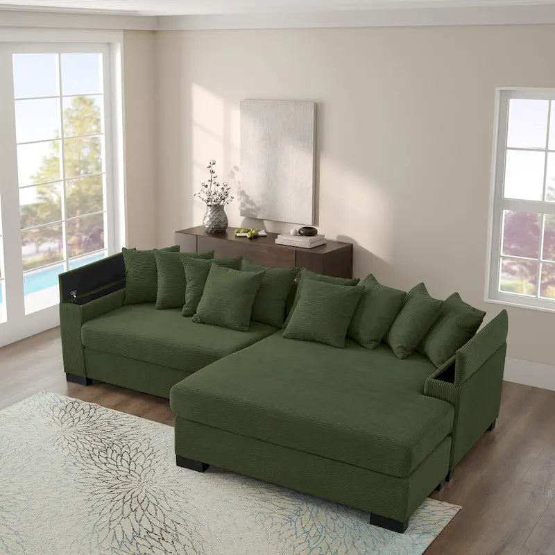 Divano componibile a L in velluto a coste con chaise longue reversibile — Grigio / Beige / Marrone rossiccio / Verde