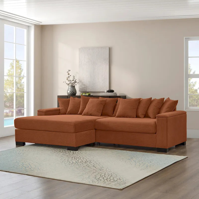 Divano componibile a L in velluto a coste con chaise longue reversibile — Grigio / Beige / Marrone rossiccio / Verde
