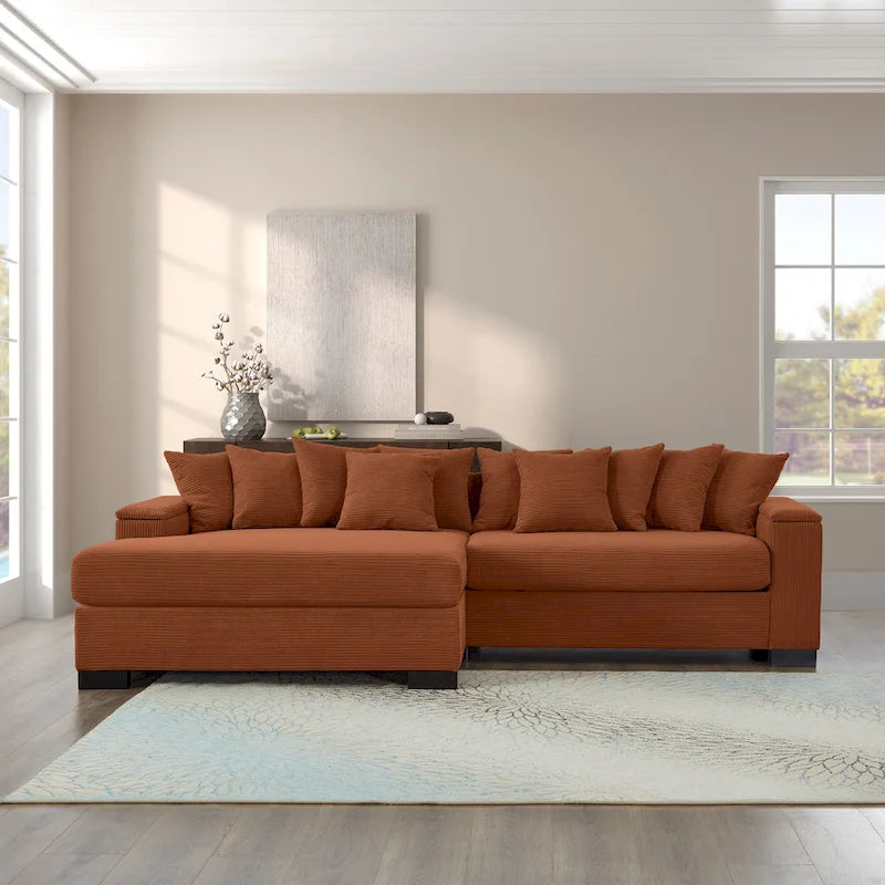 Divano componibile a L in velluto a coste con chaise longue reversibile — Grigio / Beige / Marrone rossiccio / Verde