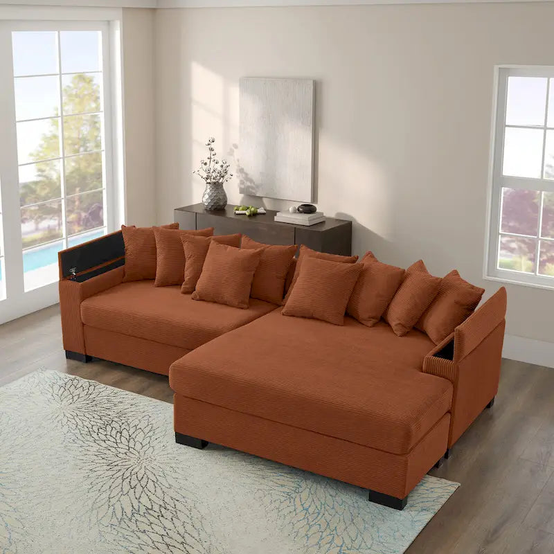 Divano componibile a L in velluto a coste con chaise longue reversibile — Grigio / Beige / Marrone rossiccio / Verde