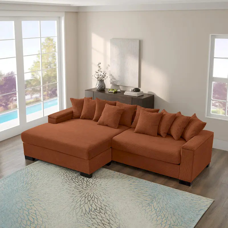 Divano componibile a L in velluto a coste con chaise longue reversibile — Grigio / Beige / Marrone rossiccio / Verde