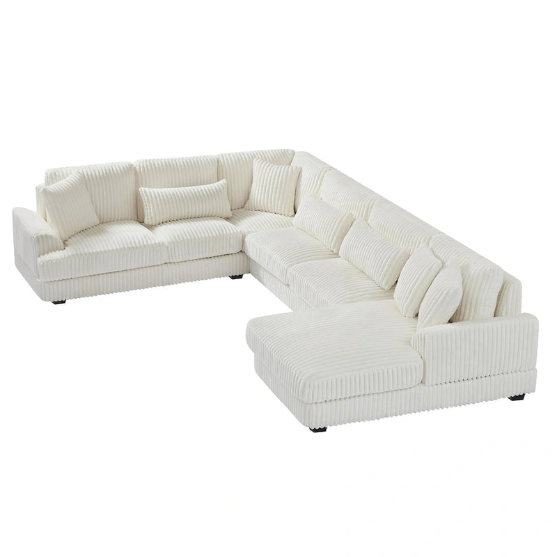 Divano sezionale a U in velluto a coste grigio con chaise longue, 7 posti