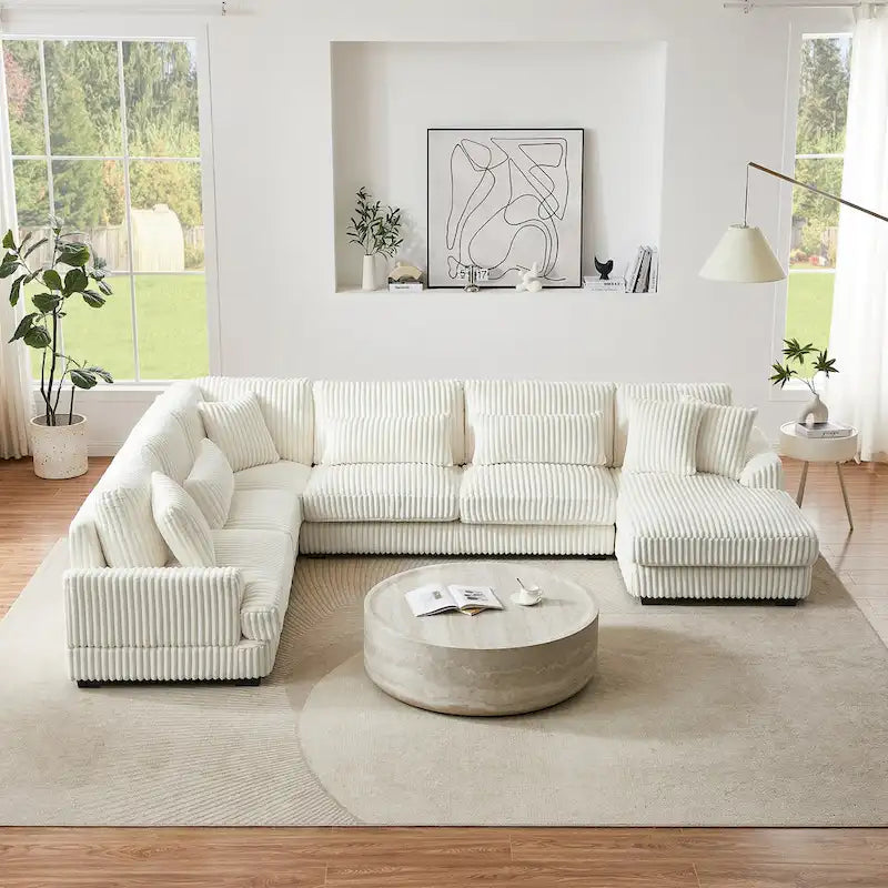 Divano sezionale a U in velluto a coste grigio con chaise longue, 7 posti