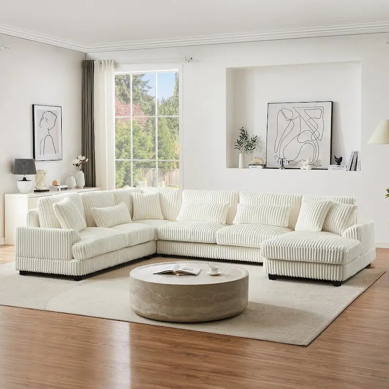 Divano sezionale a U in velluto a coste grigio con chaise longue, 7 posti
