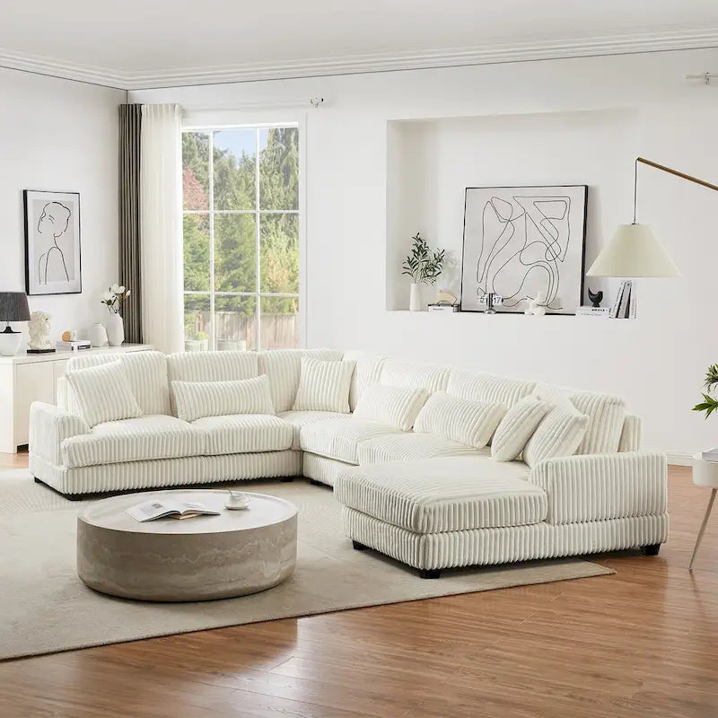 Divano sezionale a U in velluto a coste grigio con chaise longue, 7 posti