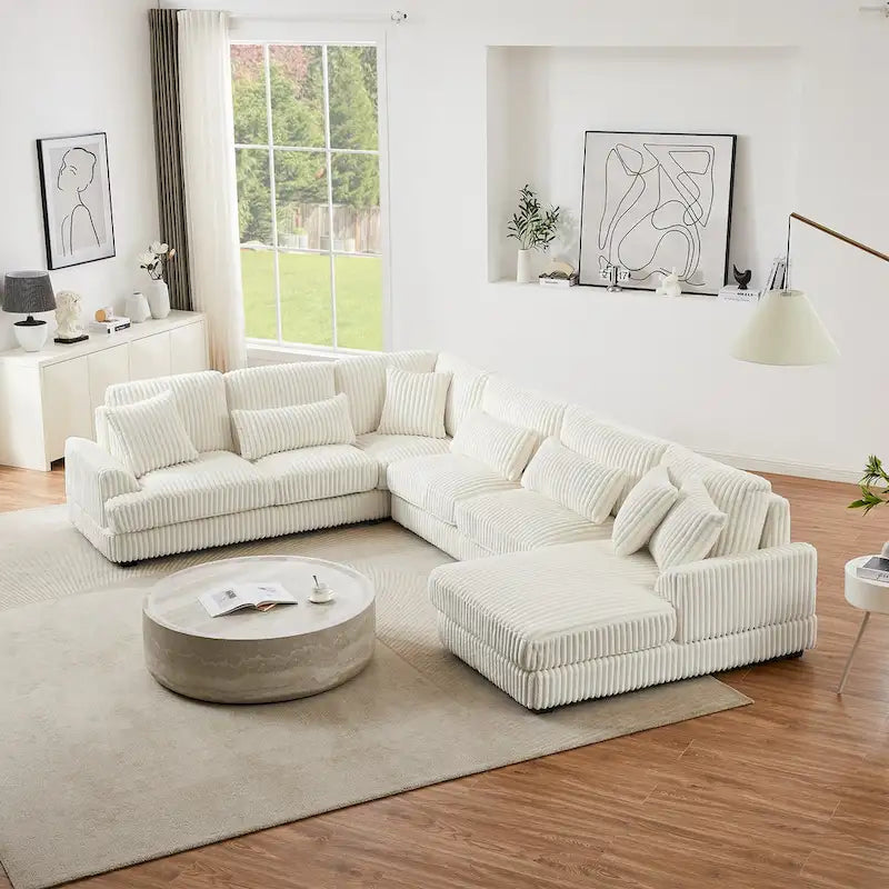 Divano sezionale a U in velluto a coste grigio con chaise longue, 7 posti