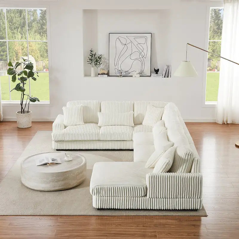 Divano sezionale a U in velluto a coste grigio con chaise longue, 7 posti