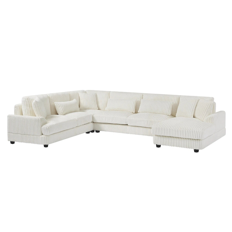 Divano sezionale a U in velluto a coste grigio con chaise longue, 7 posti