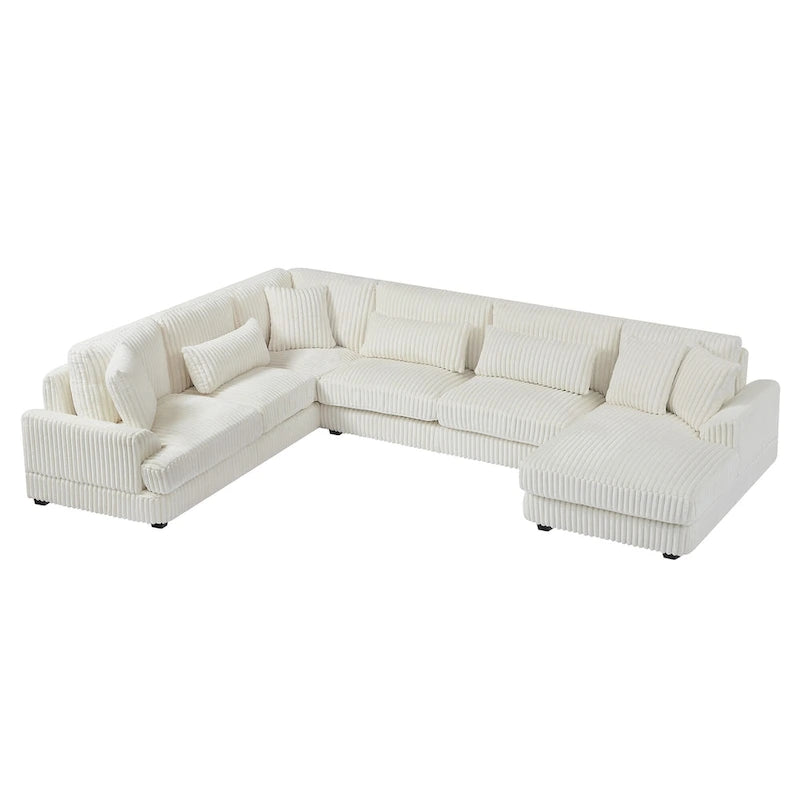 Divano sezionale a U in velluto a coste grigio con chaise longue, 7 posti