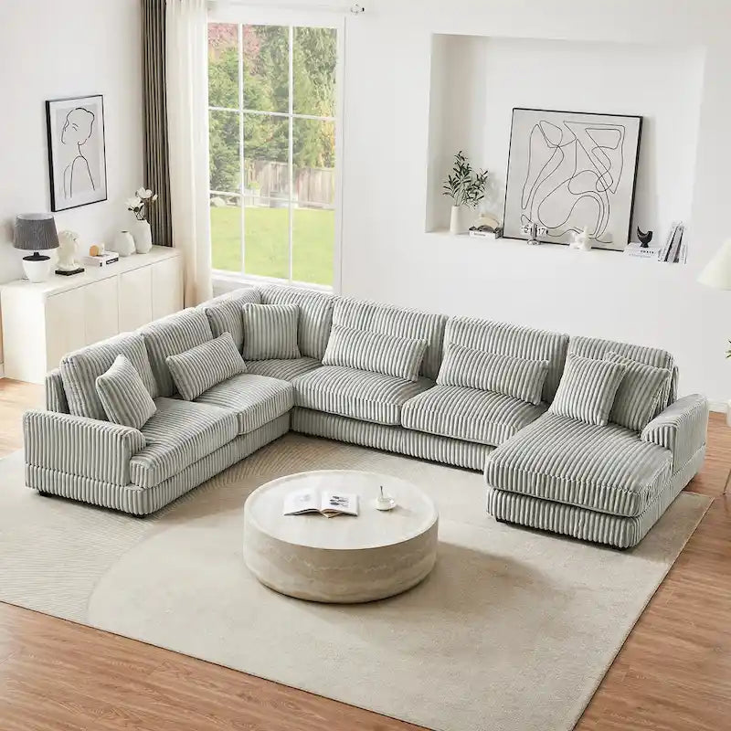 Divano sezionale a U in velluto a coste grigio con chaise longue, 7 posti