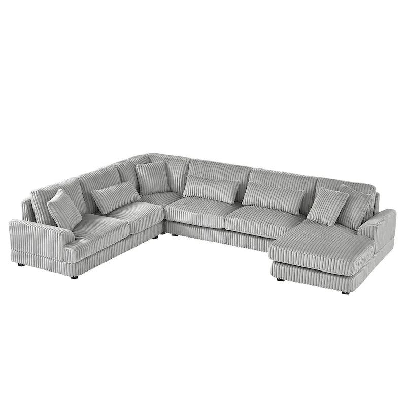 Divano sezionale a U in velluto a coste grigio con chaise longue, 7 posti