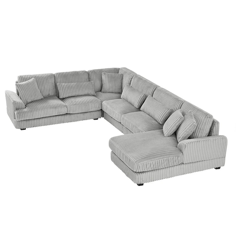 Divano sezionale a U in velluto a coste grigio con chaise longue, 7 posti