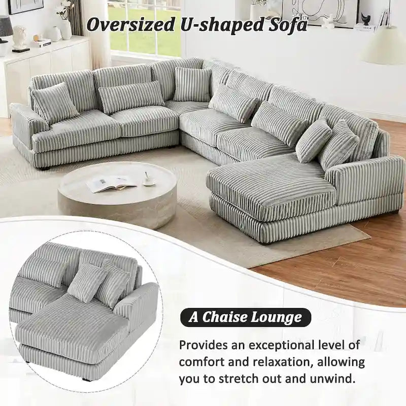 Divano sezionale a U in velluto a coste grigio con chaise longue, 7 posti