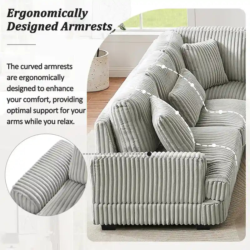 Divano sezionale a U in velluto a coste grigio con chaise longue, 7 posti