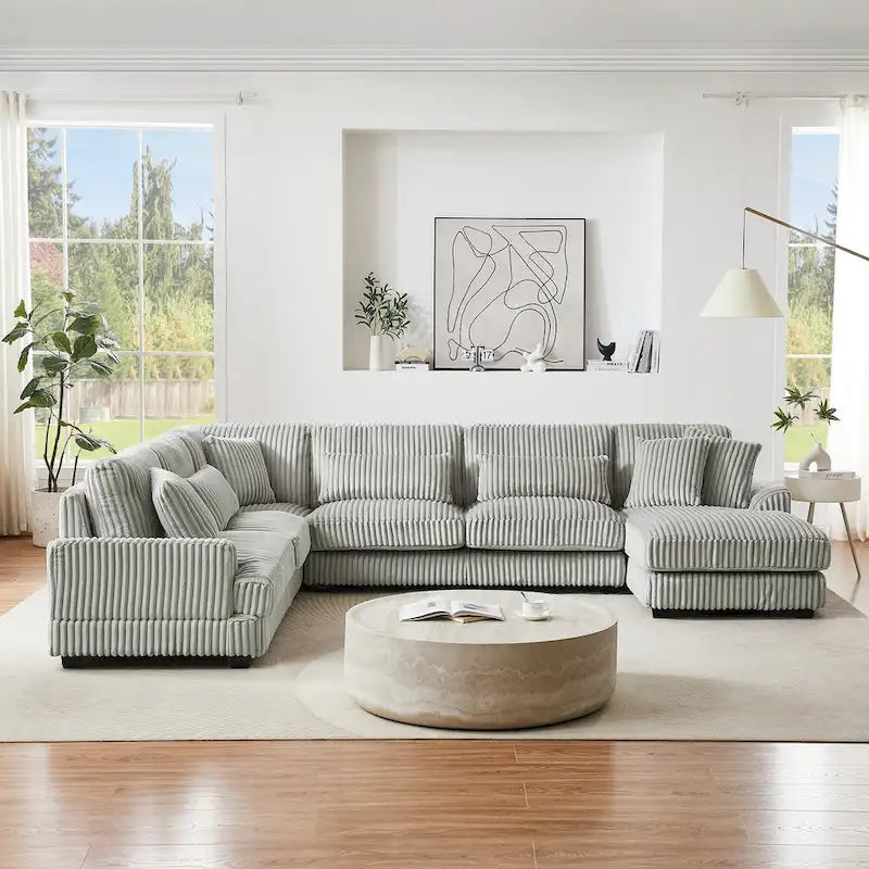 Divano sezionale a U in velluto a coste grigio con chaise longue, 7 posti