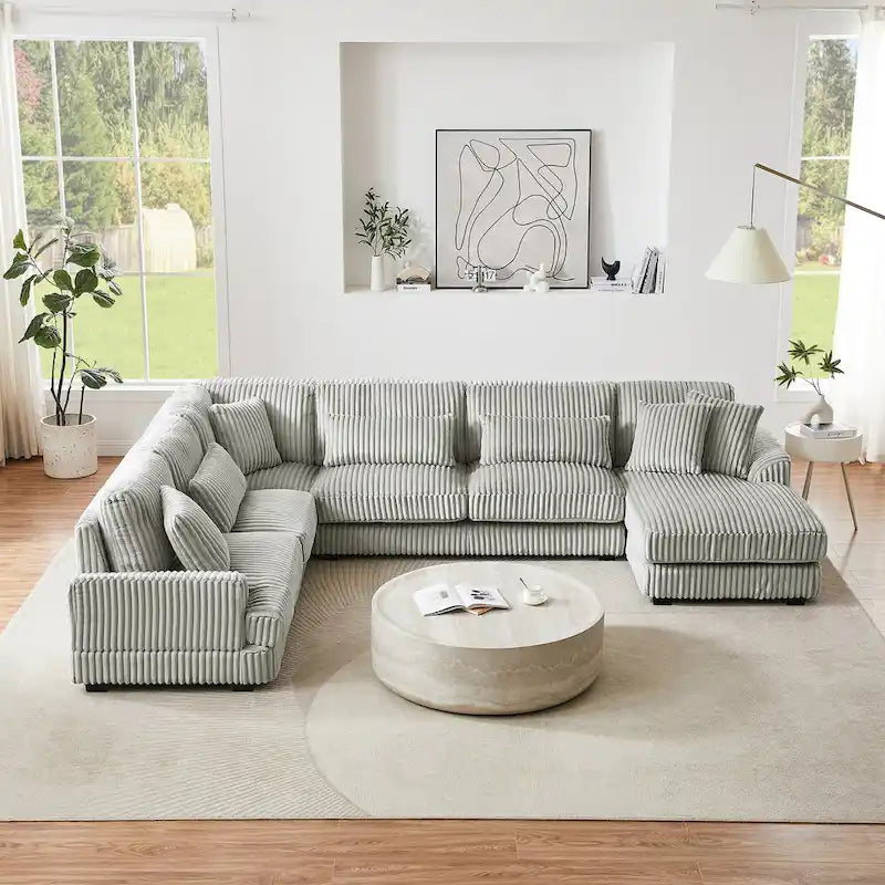 Divano sezionale a U in velluto a coste grigio con chaise longue, 7 posti