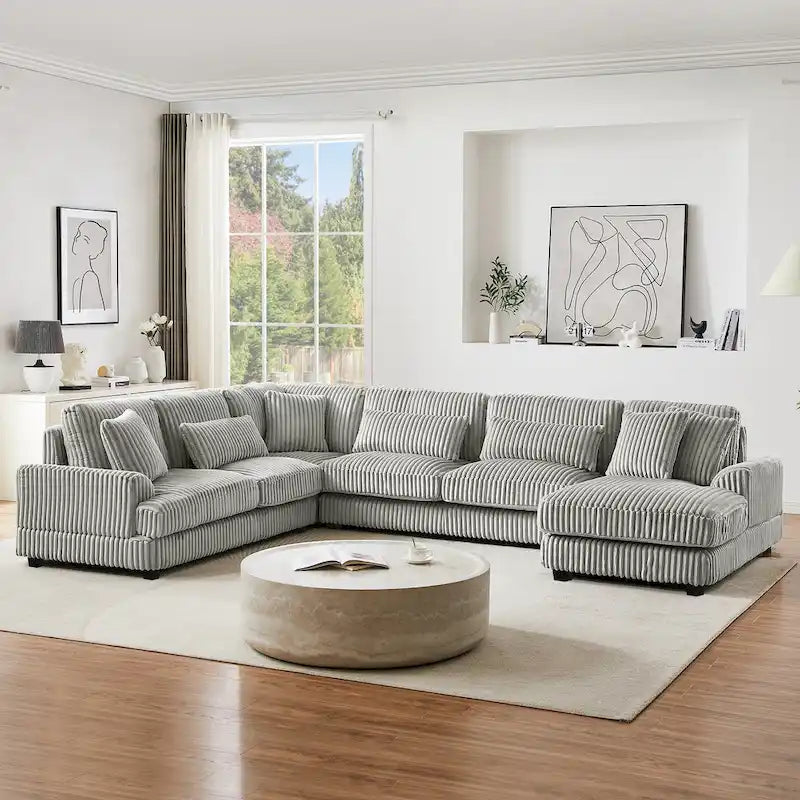 Divano sezionale a U in velluto a coste grigio con chaise longue, 7 posti