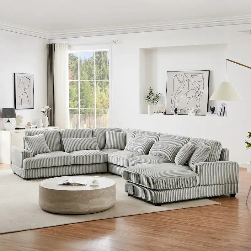 Divano sezionale a U in velluto a coste grigio con chaise longue, 7 posti