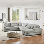 Divano sezionale a U in velluto a coste grigio con chaise longue, 7 posti