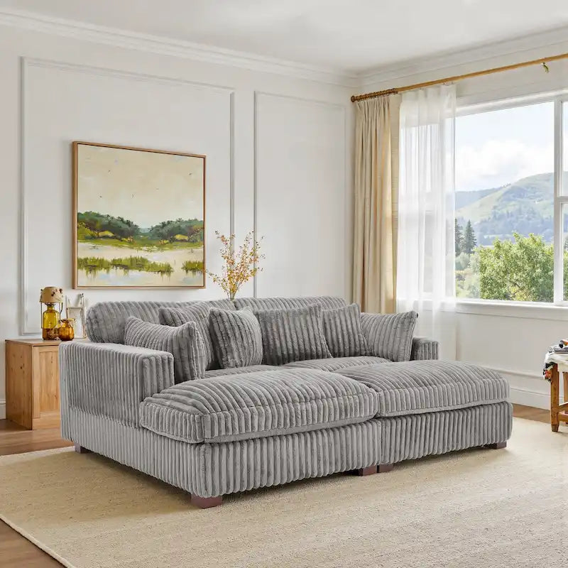 Set Divano Chaise Longue in Cotone Felpato, 2 pezzi, Colori Multipli, 2 o 4 Cuscini