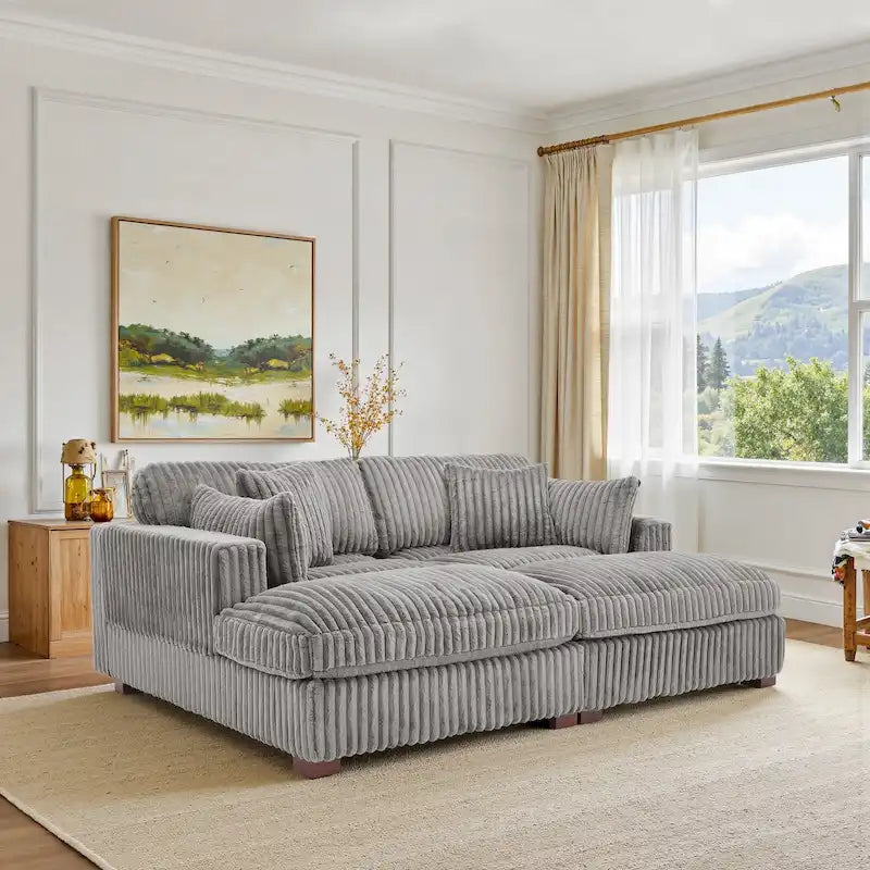 Set Divano Chaise Longue in Cotone Felpato, 2 pezzi, Colori Multipli, 2 o 4 Cuscini