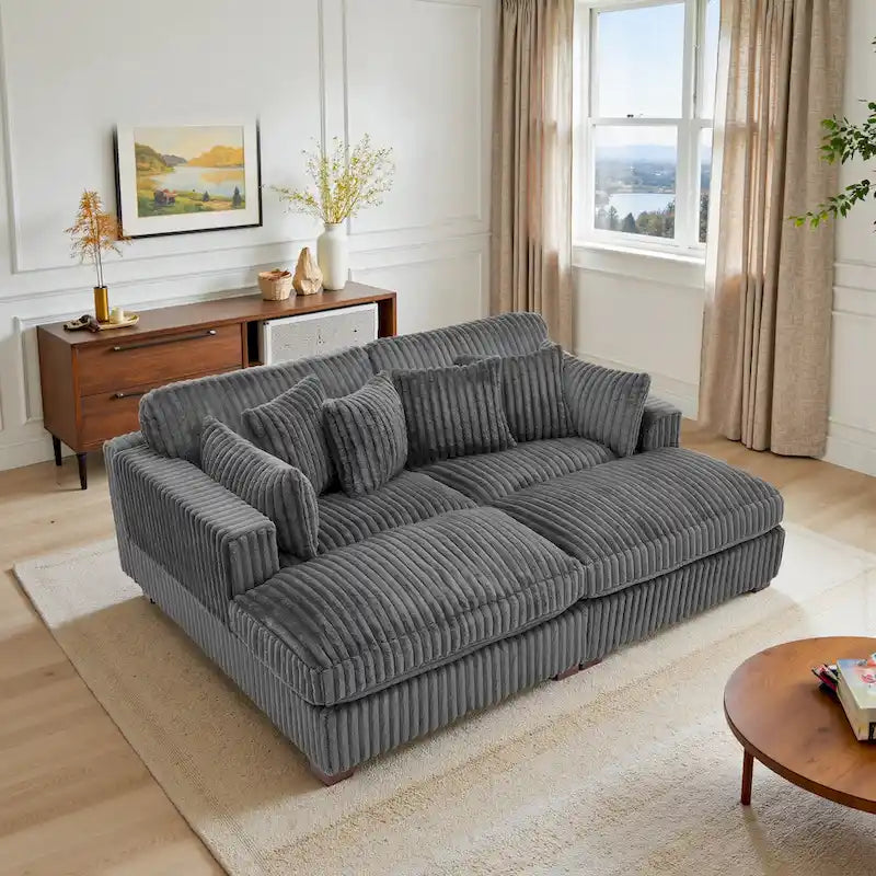 Set Divano Chaise Longue in Cotone Felpato, 2 pezzi, Colori Multipli, 2 o 4 Cuscini